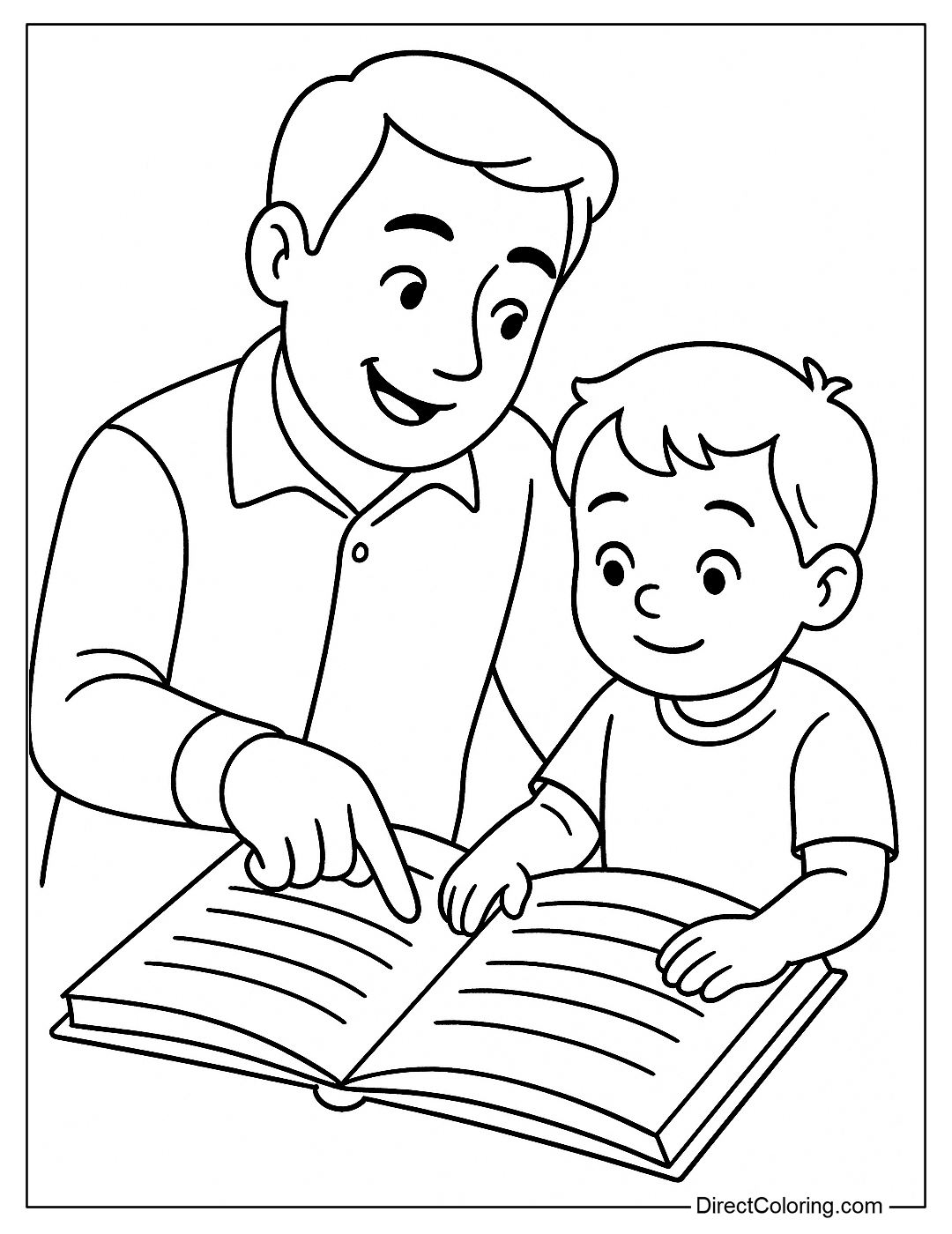 a coloring page of a father pointing at the book he is reading with his child